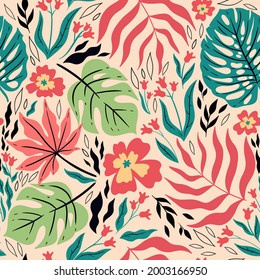 Patrón tropical sin foco con hojas y flores. Gráficos vectoriales.