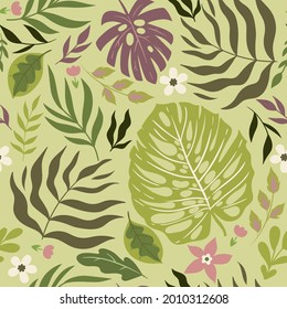 Patrón tropical sin foco con hojas y flores. Gráficos vectoriales.