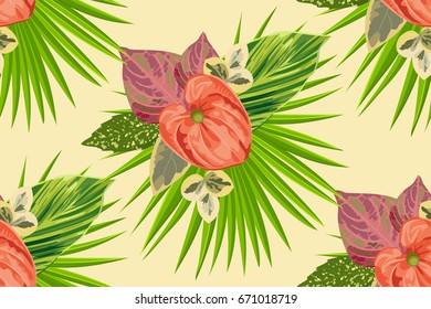  Seamless tropical pattern with leaves and flowers  