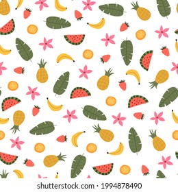 Patrón tropical sin foco con hojas, frutas, elementos decorativos. Vector colorido, de estilo plano. Diseño de verano de jungla para tela, impresión, textil, envoltura.