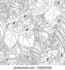 Seamless tropical pattern with  leaves.  Graphic vector background.