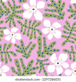 Patrón tropical sin foco con hojas y flores de la jungla. Textura creativa de verano para tela, textil. Ilustración del vector