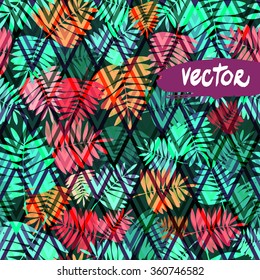 Seamless tropical pattern. Leaves jungle floral pattern with palm leaves. Vector illustration of a triangle ornament.