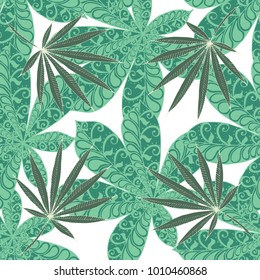 Seamless Tropical Pattern With Leaves of Palm Trees On White Background. Hand Drawn Tropic Texture In Zentangle Style. Ornate Seamless Background for Print, Interior, Wallpaper, Swimwear. Vector.