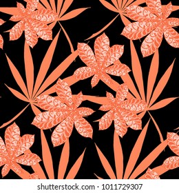 Seamless Tropical Pattern With Leaves of Palm Trees On Black Background. Hand Drawn Rainforest Texture In Zentangle Style. Ornate Seamless Background for Print, Interior, Wallpaper, Swimwear.