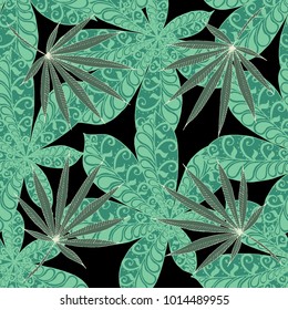 Seamless Tropical Pattern With Leaves of Palm Trees On Black Background. Hand Drawn Tropic Texture In Zentangle Style. Ornate Seamless Background for Print, Interior, Wallpaper, Swimwear.