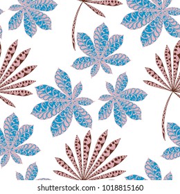 Seamless Tropical Pattern With Leaves of Palm Trees On Black Background. Hand Drawn Tropic Texture In Zentangle Style. Ornate Seamless Background for Print, Interior, Wallpaper, Swimwear. Vector.