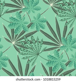 Seamless Tropical Pattern With Leaves of Palm Trees for Summer Design. Hand Drawn Rainforest Texture In Zentangle Style. Ornate Seamless Background for Print, Interior, Wallpaper, Swimwear.