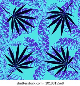 Seamless Tropical Pattern With Leaves of Palm Trees On White Background. Hand Drawn Rainforest Texture In Zentangle Style. Ornate Seamless Background for Print, Interior, Wallpaper, Swimwear.