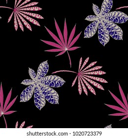 Seamless Tropical Pattern With Leaves of Palm Trees On Black Background. Hand Drawn Jungle Texture In Zentangle Style. Ornate Seamless Background for Print, Interior, Wallpaper, Swimwear.