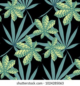 Seamless Tropical Pattern With Leaves of Palm Trees On Black Background. Hand Drawn Rainforest Texture In Zentangle Style. Ornate Seamless Background for Print, Interior, Wallpaper, Swimwear. Vector.
