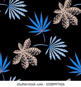 Seamless Tropical Pattern With Leaves of Palm Trees On Black Background. Hand Drawn Jungle Texture In Zentangle Style. Ornate Seamless Background for Print, Interior, Wallpaper, Swimwear. Vector.