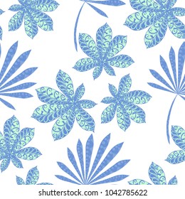 Seamless Tropical Pattern With Leaves of Palm Trees On Black Background. Hand Drawn Tropic Texture In Zentangle Style. Ornate Seamless Background for Print, Interior, Wallpaper, Swimwear. Vector.