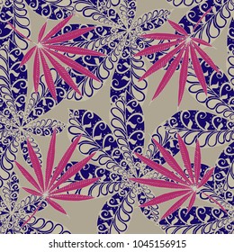 Seamless Tropical Pattern With Leaves of Palm Trees On Black Background. Hand Drawn Tropic Texture In Zentangle Style. Ornate Seamless Background for Print, Interior, Wallpaper, Swimwear.