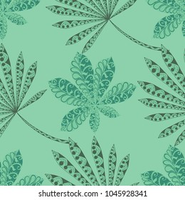 Seamless Tropical Pattern With Leaves of Palm Trees for Summer Design. Hand Drawn Jungle Texture In Zentangle Style. Ornate Seamless Background for Print, Interior, Wallpaper, Swimwear. Vector.