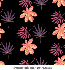 Seamless Tropical Pattern With Leaves of Palm Trees On Black Background. Hand Drawn Jungle Texture In Zentangle Style. Ornate Seamless Background for Print, Interior, Wallpaper, Swimwear.