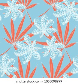 Seamless Tropical Pattern With Leaves of Palm Trees On White Background. Hand Drawn Rainforest Texture In Zentangle Style. Ornate Seamless Background for Print, Interior, Wallpaper, Swimwear.