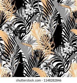 Seamless tropical pattern. Leaves palm tree illustration. Modern graphics. Bird in paradise. Gold, gray, black lives