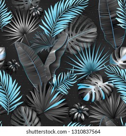 Seamless tropical pattern. Leaves palm tree illustration. Blue, gray, black lives