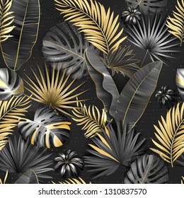 Seamless Tropical Pattern. Leaves Palm Tree Illustration. Gold, Gray, Black Lives