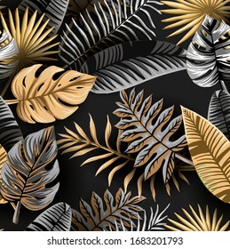 Seamless Tropical Pattern. Leaves Palm Tree Illustration. Gold