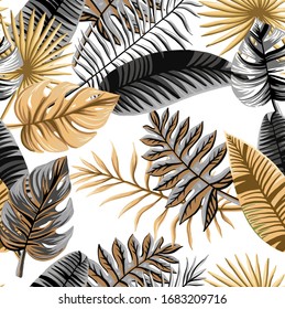 Seamless tropical pattern. Leaves palm tree illustration. Gold white