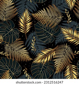 Seamless tropical pattern. Leaves palm tree, fern, monstera. Gold, green, black leaves