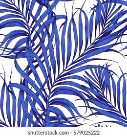 Seamless tropical pattern. Leaves palm tree illustration. Modern graphics.