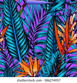 Seamless tropical pattern. Leaves palm tree illustration. Modern graphics. Bird in paradise. 