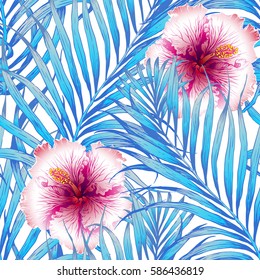 Seamless tropical pattern. Leaves palm tree illustration. Modern graphics. Pink Hibiscus.