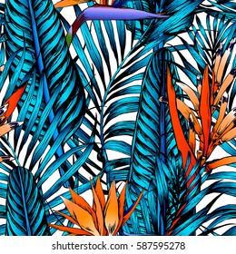 Seamless tropical pattern. Leaves palm tree illustration. Modern graphics. Bird in paradise.