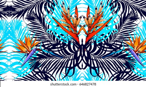 Seamless tropical pattern. Leaves palm tree illustration. Modern graphics.
