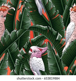 Seamless tropical pattern. Leaves palm tree illustration. Modern graphics. Parrot, cockatoo bird.