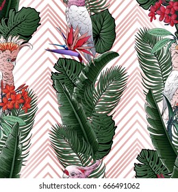 Seamless tropical pattern. Leaves palm tree illustration. Modern graphics. Parrot, cockatoo, bird in paradise, plumeria. 