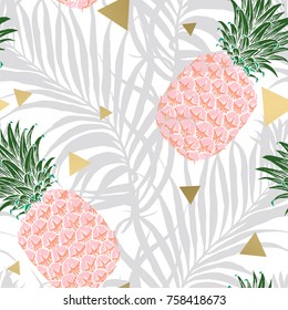 Seamless tropical pattern. Leaves palm tree illustration. Modern graphics. Pineapple fruit. Aloha.