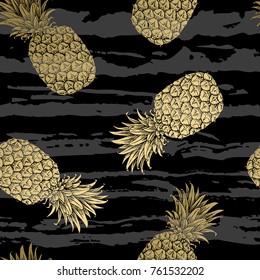 Seamless tropical pattern. Leaves palm tree illustration. Modern graphics. Pineapple fruit.