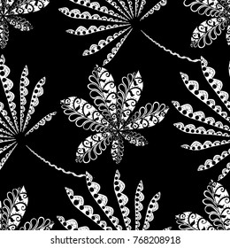 Seamless Tropical Pattern With Leaves of Palm Trees On White Background. Hand Drawn Tropic Texture In Zentangle Style. Ornate Seamless Background for Print, Interior, Wallpaper, Swimwear.