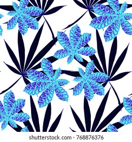 Seamless Tropical Pattern With Leaves of Palm Trees On White Background. Hand Drawn Rainforest Texture In Zentangle Style. Ornate Seamless Background for Print, Interior, Wallpaper, Swimwear.