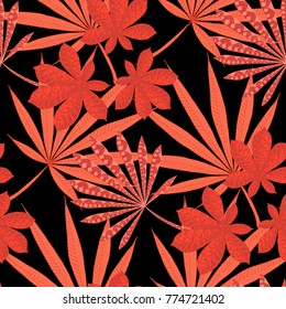 Seamless Tropical Pattern With Leaves of Palm Trees On Black Background. Hand Drawn Jungle Texture In Zentangle Style. Ornate Seamless Background for Print, Interior, Wallpaper, Swimwear.