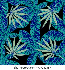 Seamless Tropical Pattern With Leaves of Palm Trees On Black Background. Hand Drawn Rainforest Texture In Zentangle Style. Ornate Seamless Background for Print, Interior, Wallpaper, Swimwear.