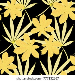 Seamless Tropical Pattern With Leaves of Palm Trees On Black Background. Hand Drawn Rainforest Texture In Zentangle Style. Ornate Seamless Background for Print, Interior, Wallpaper, Swimwear. Vector.