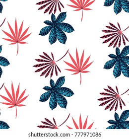 Seamless Tropical Pattern With Leaves of Palm Trees On White Background. Hand Drawn Rainforest Texture In Zentangle Style. Ornate Seamless Background for Print, Interior, Wallpaper, Swimwear. Vector.