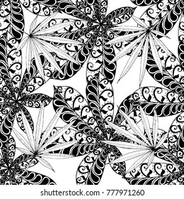 Seamless Tropical Pattern With Leaves of Palm Trees On Black Background. Hand Drawn Jungle Texture In Zentangle Style. Ornate Seamless Background for Print, Interior, Wallpaper, Swimwear.