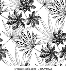 Seamless Tropical Pattern With Leaves of Palm Trees On White Background. Hand Drawn Rainforest Texture In Zentangle Style. Ornate Seamless Background for Print, Interior, Wallpaper, Swimwear.