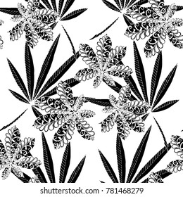 Seamless Tropical Pattern With Leaves of Palm Trees in Black and White. Hand Drawn Tropic Texture In Zentangle Style. Ornate Seamless Background for Print, Interior, Wallpaper, Swimwear.