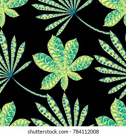 Seamless Tropical Pattern With Leaves of Palm Trees On Black Background. Hand Drawn Jungle Texture In Zentangle Style. Ornate Seamless Background for Print, Interior, Wallpaper, Swimwear.