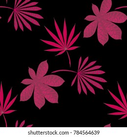 Seamless Tropical Pattern With Leaves of Palm Trees On Black Background. Hand Drawn Jungle Texture In Zentangle Style. Ornate Seamless Background for Print, Interior, Wallpaper, Swimwear. Vector.