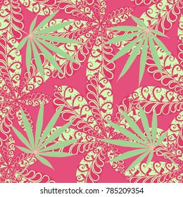 Seamless Tropical Pattern With Leaves of Palm Trees for Summer Design. Hand Drawn Jungle Texture In Zentangle Style. Ornate Seamless Background for Print, Interior, Wallpaper, Swimwear. Vector.