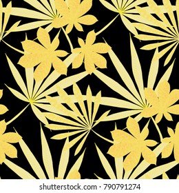 Seamless Tropical Pattern With Leaves of Palm Trees On Black Background. Hand Drawn Tropic Texture In Zentangle Style. Ornate Seamless Background for Print, Interior, Wallpaper, Swimwear.