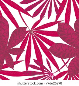 Seamless Tropical Pattern With Leaves of Palm Trees On White Background. Hand Drawn Rainforest Texture In Zentangle Style. Ornate Seamless Background for Print, Interior, Wallpaper, Swimwear.